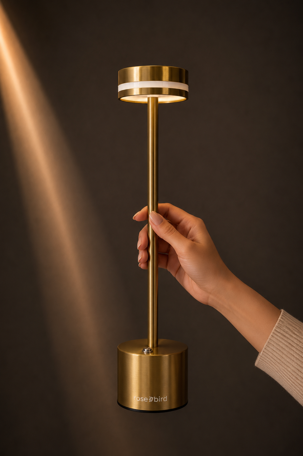 Hand holding the Gold Alba Lamp, a slim brushed gold cordless lamp with a ringed glowing head