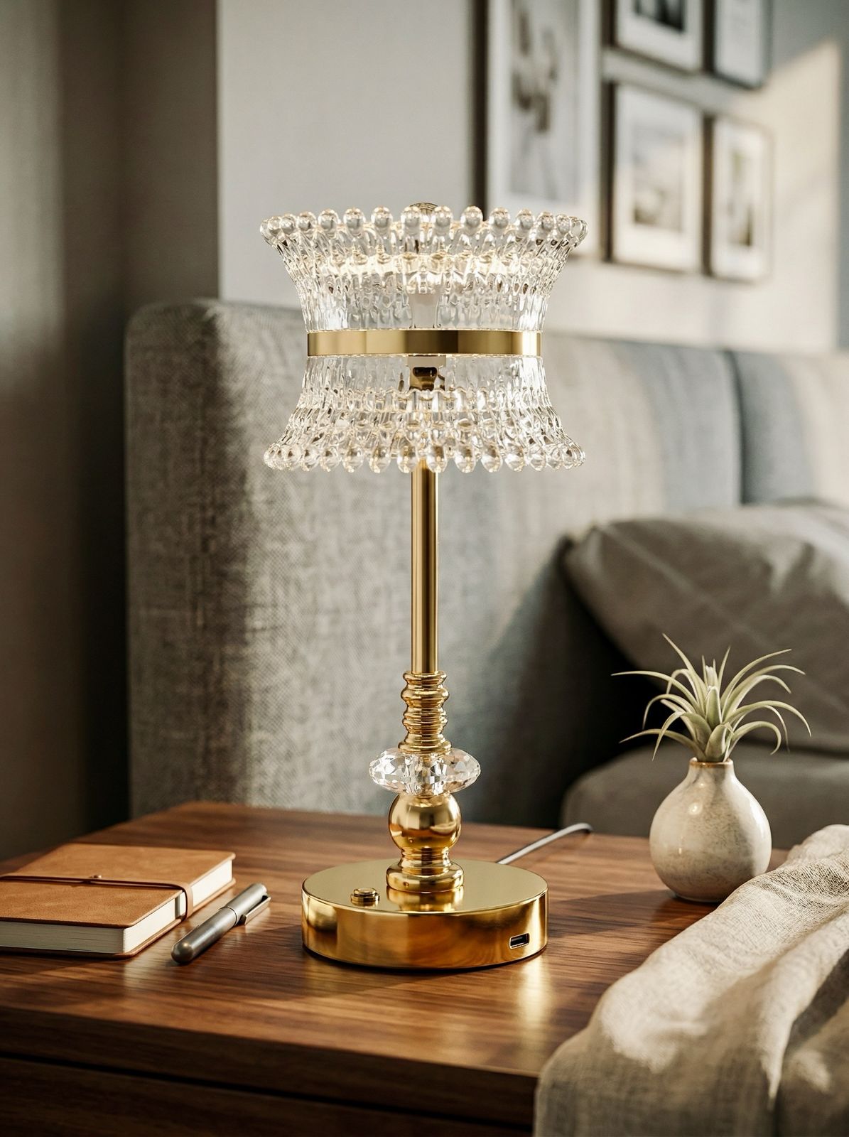Gold Coatl Lamp on a nightstand next to a grey armchair and an air plant