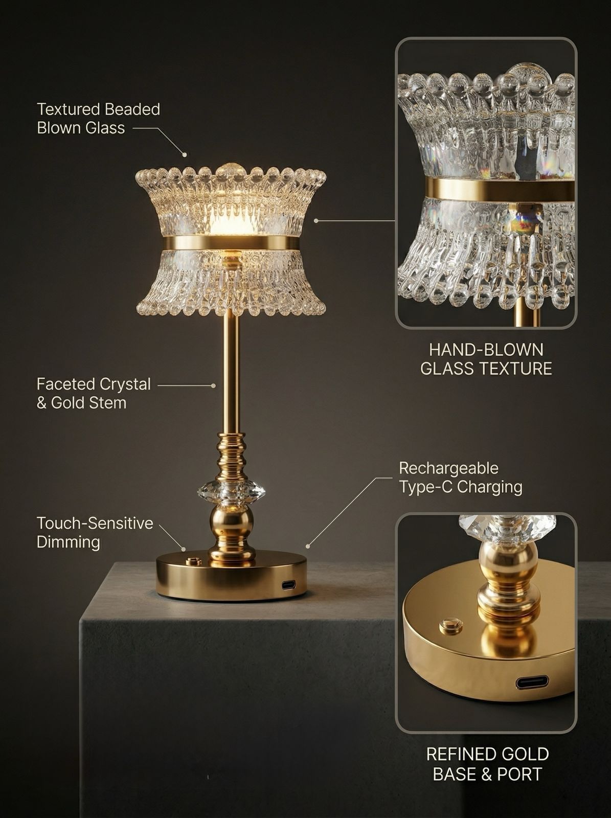 Gold Coatl Lamp features: beaded glass shade, faceted crystal and gold stem, touch dimming, USB-C