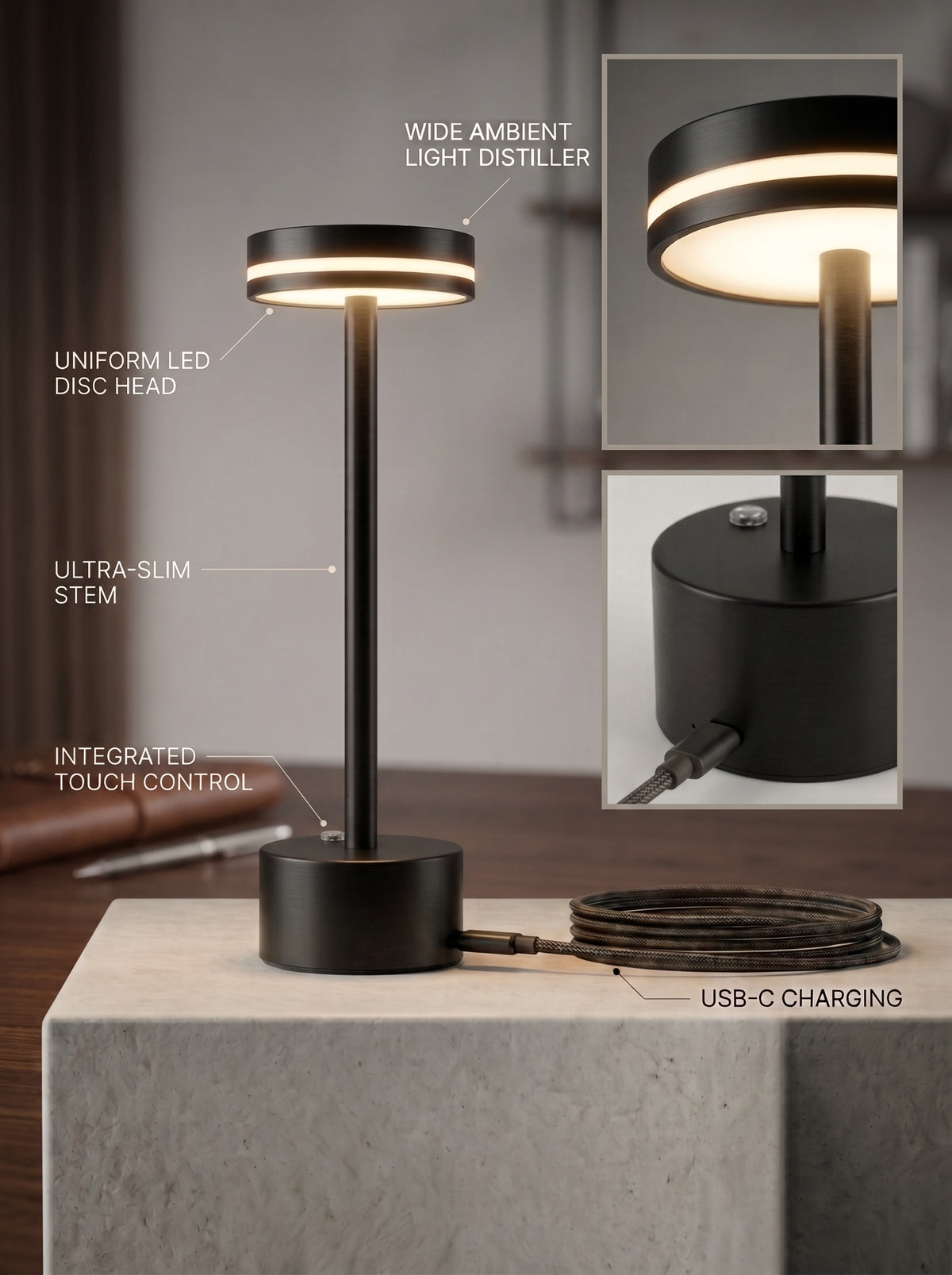 Black Alba Lamp features: LED disc head with light diffuser, slim stem, touch control and USB-C charging