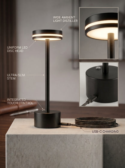 Black Alba Lamp features: LED disc head with light diffuser, slim stem, touch control and USB-C charging