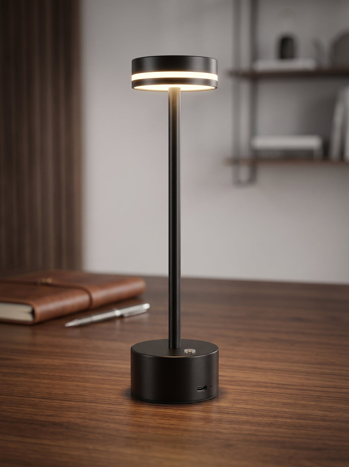 Black Alba Lamp on a wooden desk beside a leather notebook and pen