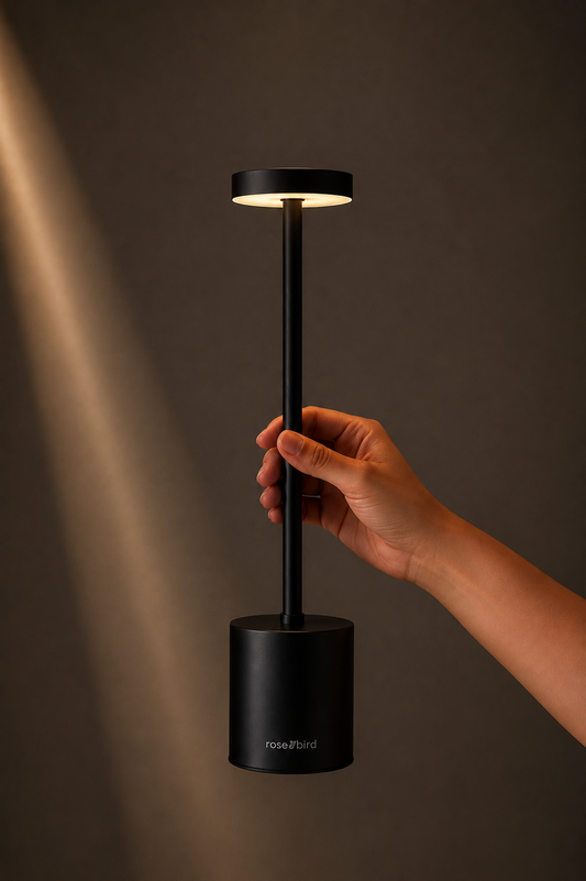 Hand holding the Black Egret Lamp, a slim matte black cordless lamp with a glowing disc head