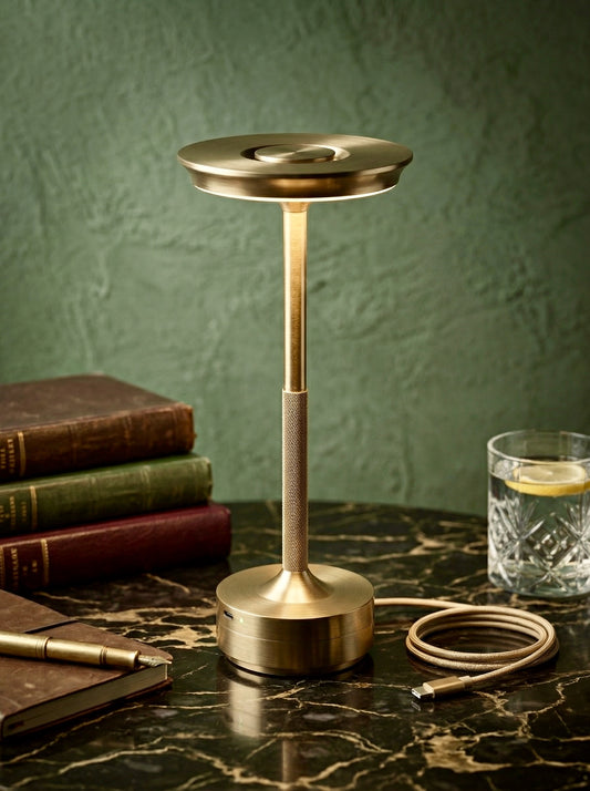 Gold Aurelia Lamp on a green marble table with leather books and a glass of water