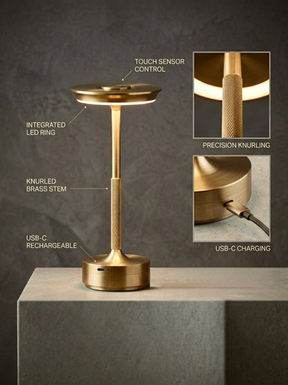 Gold Aurelia Lamp features: touch sensor, integrated LED ring, knurled stem and USB-C charging