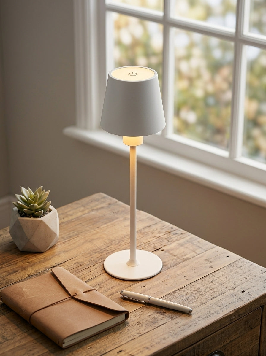 White Ibis Lamp, a cordless lamp with a white cone shade, on a rustic wooden desk by a window