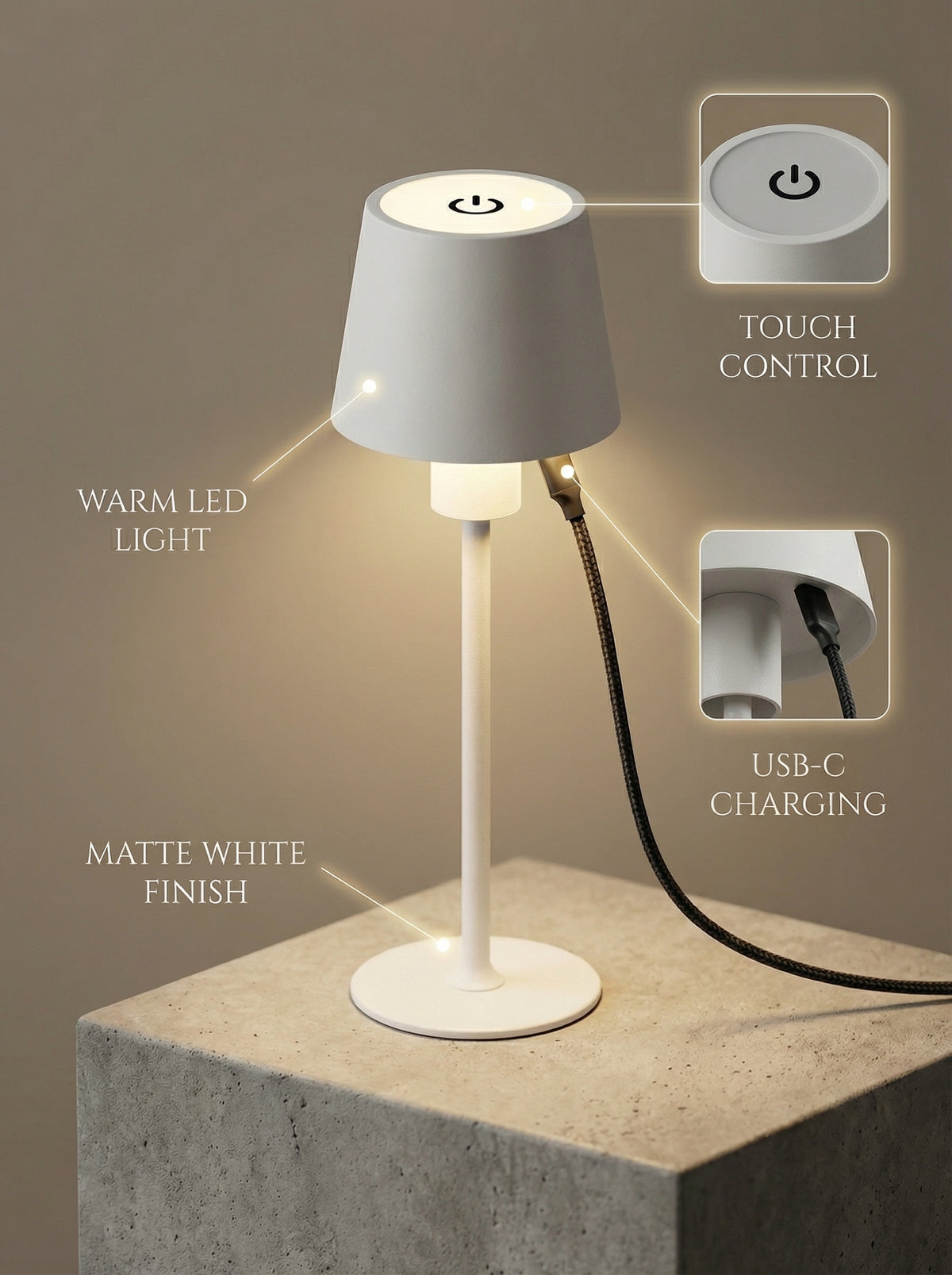 White Ibis Lamp features: touch control on top, warm LED light, USB-C charging, matte white finish