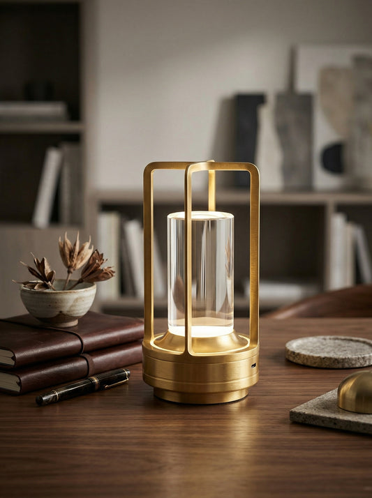 Gold Orion Lamp, a gold lantern-style lamp with a clear crystal cylinder, on a wooden desk
