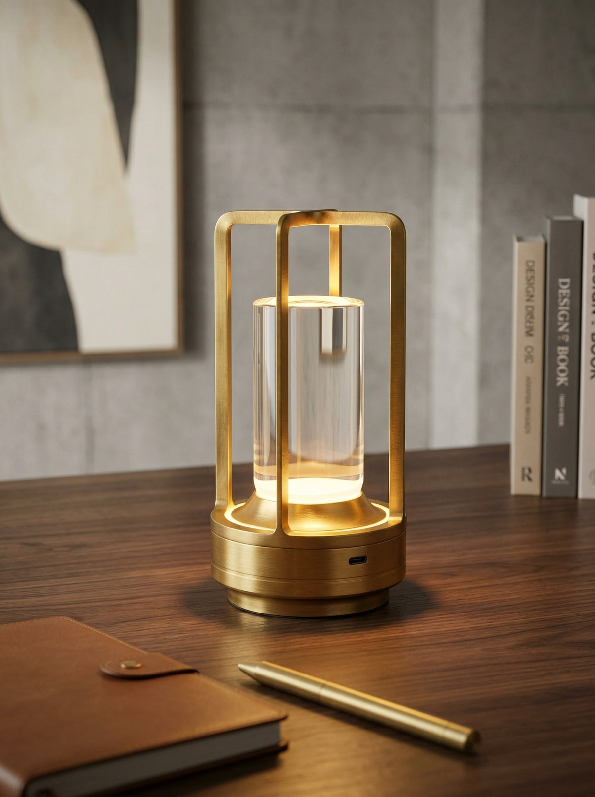 Gold Orion Lamp glowing on a wooden desk with a leather notebook and gold pen