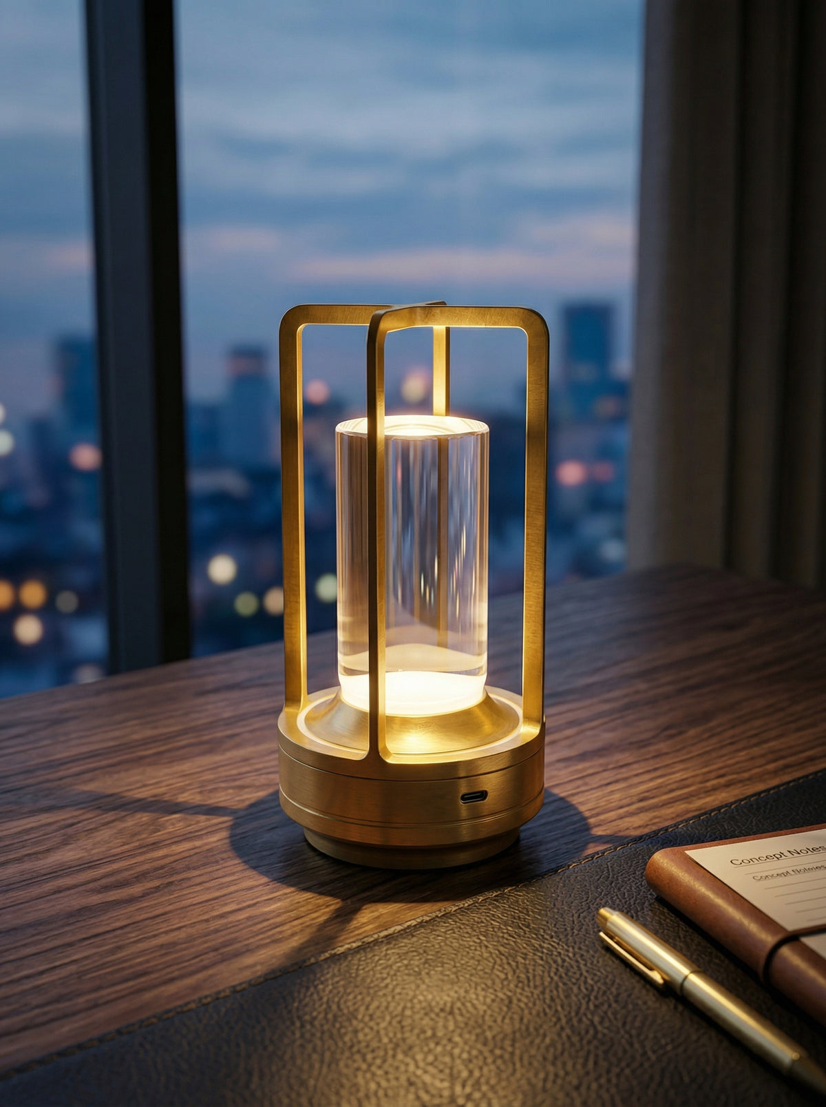 Gold Orion Lamp on a desk in front of a city view at night