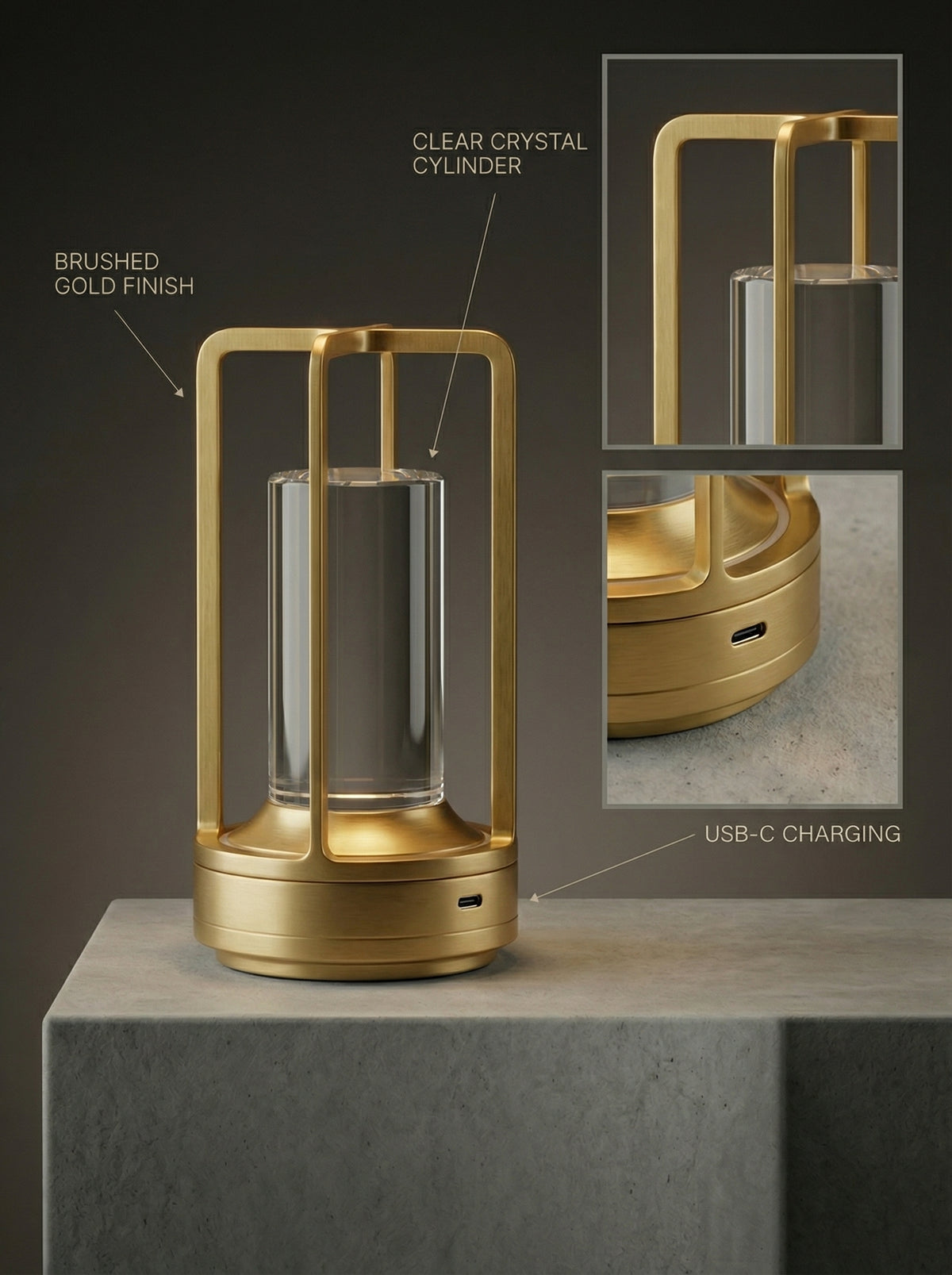 Gold Orion Lamp features: brushed gold frame, clear crystal cylinder and USB-C charging