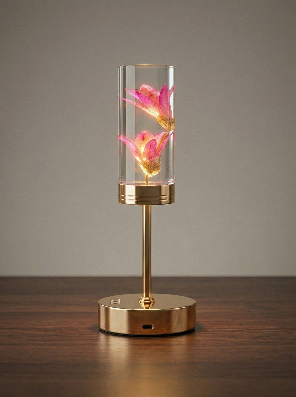 Gold and Pink Phoenix Lamp: clear resin cylinder with pink dried flowers on a gold stem