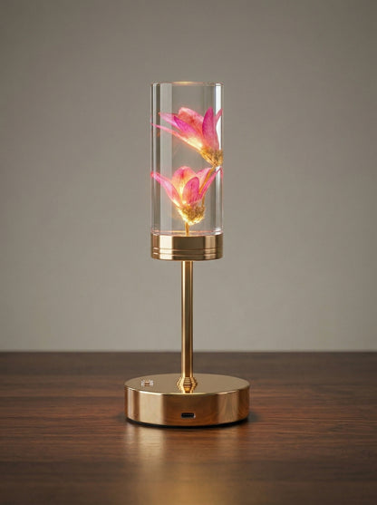 Gold and Pink Phoenix Lamp: clear resin cylinder with pink dried flowers on a gold stem