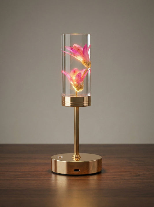 Gold and Pink Phoenix Lamp: clear resin cylinder with pink dried flowers on a gold stem