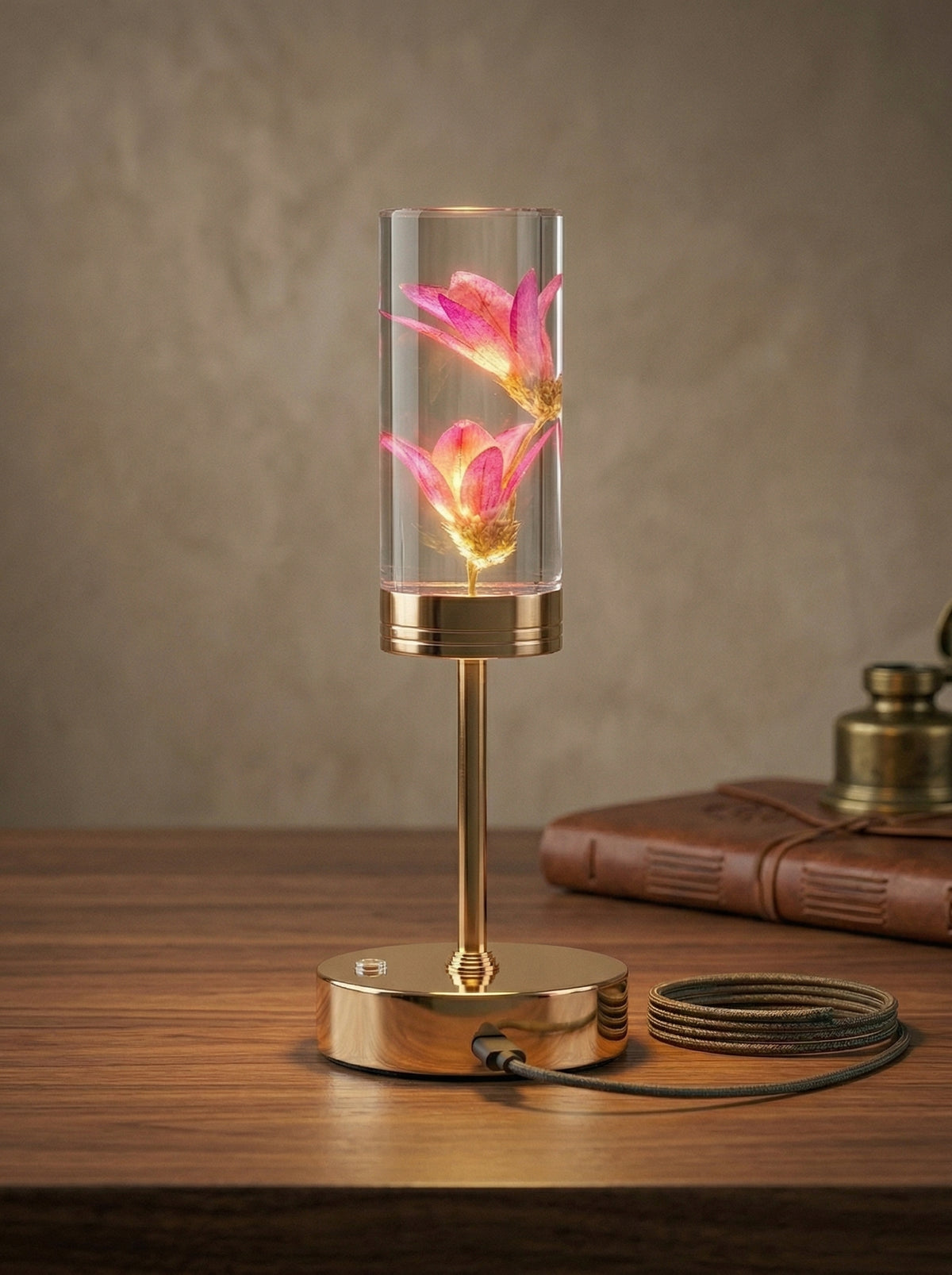 Gold and Pink Phoenix Lamp on a wooden table beside a leather book and brass accents