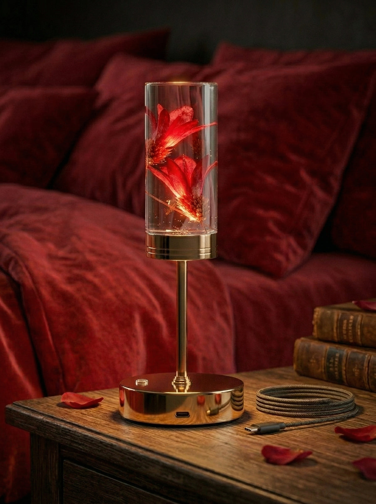 Gold and Red Phoenix Lamp on a bedside table with red bedding and scattered petals