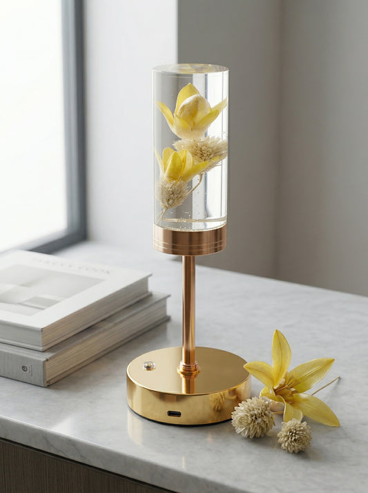 Gold and Yellow Phoenix Lamp: clear resin cylinder with yellow dried flowers on a gold stem