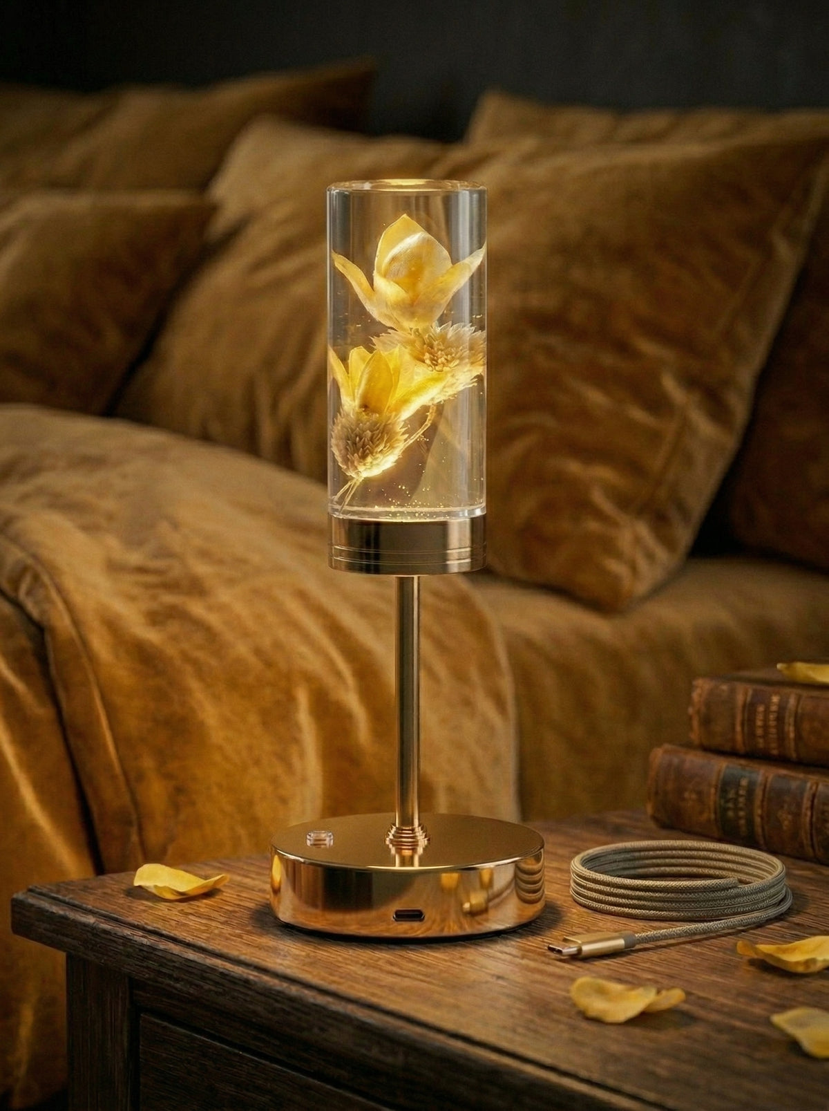 Gold and Yellow Phoenix Lamp on a bedside table with mustard bedding and scattered petals