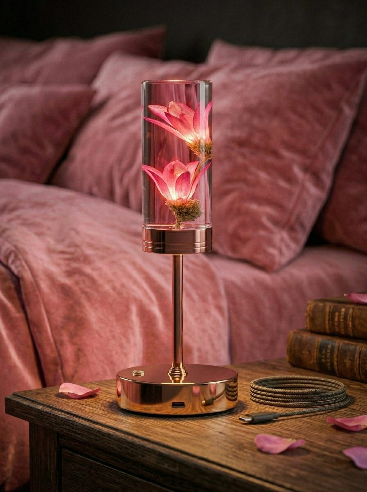 Gold and Pink Phoenix Lamp on a bedside table with pink bedding and rose petals