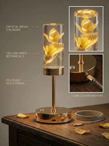 Gold and Yellow Phoenix Lamp features: resin cylinder, yellow dried botanicals, gold finish, USB-C