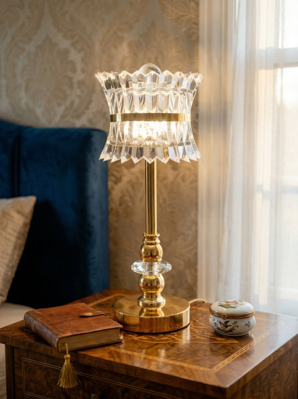 Gold Quetzal Lamp, a gold lamp with a faceted crystal shade, on a side table by a blue chair