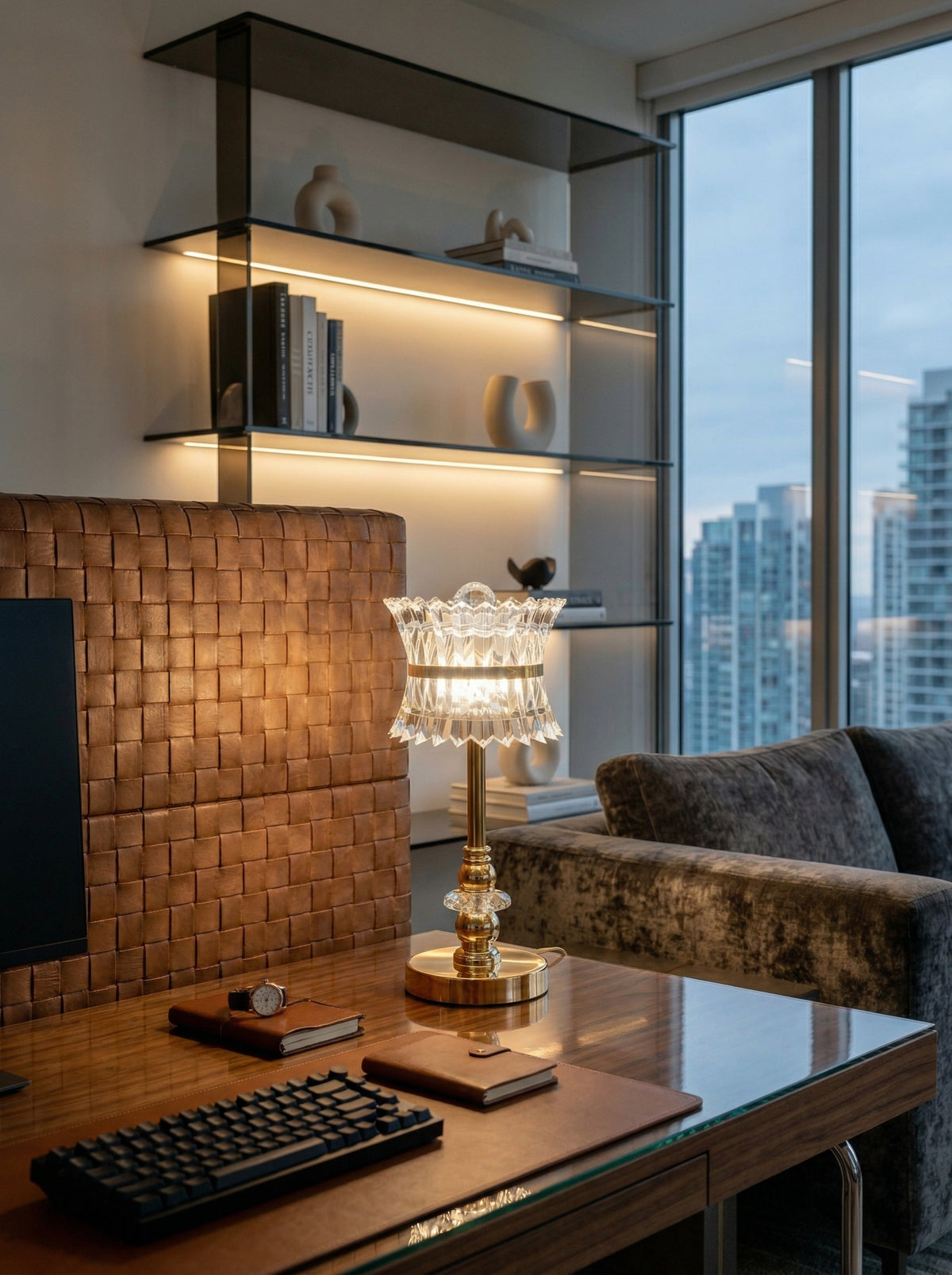 Gold Quetzal Lamp on a desk in a high-rise office with a keyboard and city view