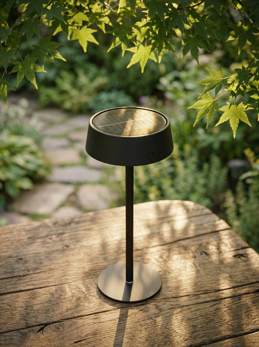 Black Raven Lamp, a matte black cordless lamp with a solar panel top, on an outdoor wooden table