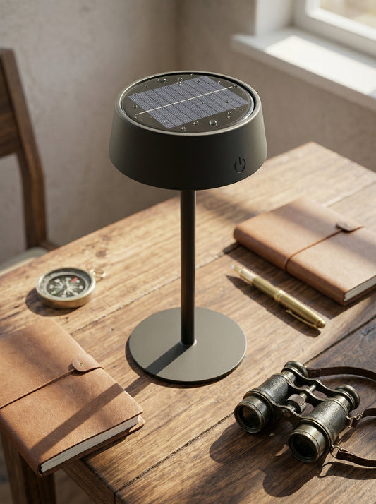 Black Raven Lamp with solar top on a wooden desk with a leather journal, compass and binoculars