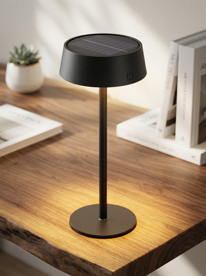 Black Raven Lamp glowing on a sunlit wooden desk beside books and a small plant