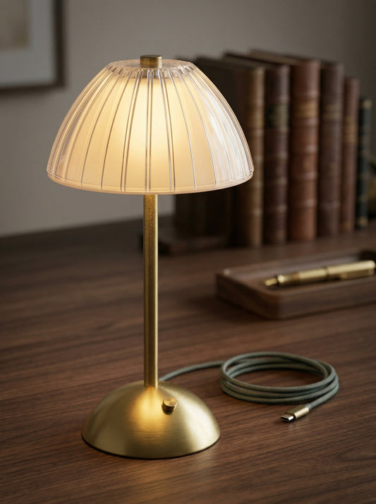 Gold Serin Lamp, a gold lamp with a ribbed frosted dome shade, on a wooden desk