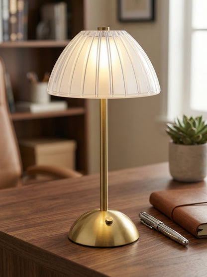 Gold Serin Lamp on a desk with a leather notebook, pen and small succulent