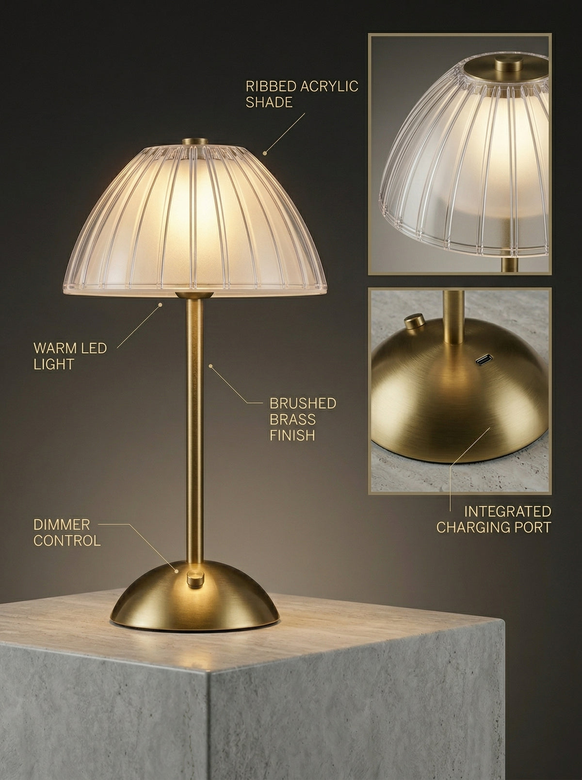 Gold Serin Lamp features: ribbed acrylic shade, warm LED, brushed brass stem, dimmer, charging port