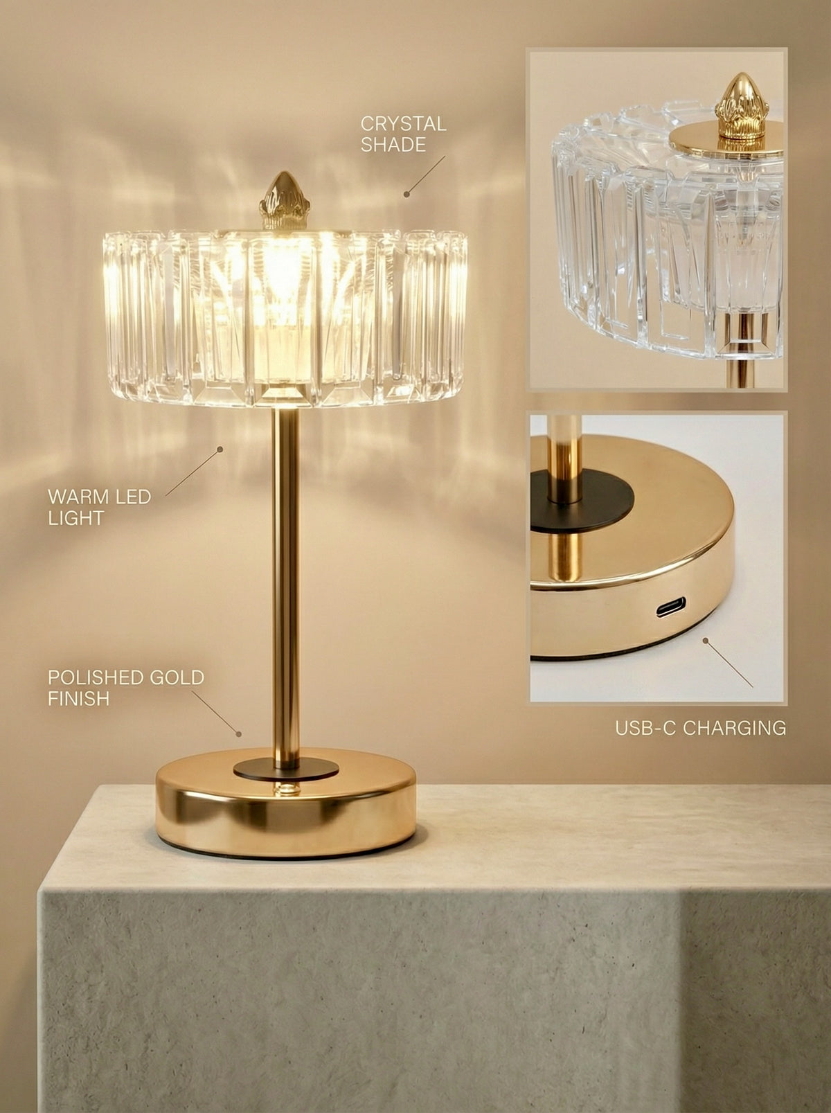 Gold Starling Lamp features: crystal shade, warm LED light, polished gold finish, USB-C charging