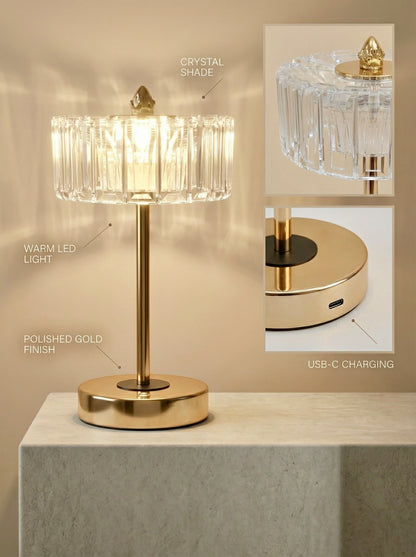 Gold Starling Lamp features: crystal shade, warm LED light, polished gold finish, USB-C charging