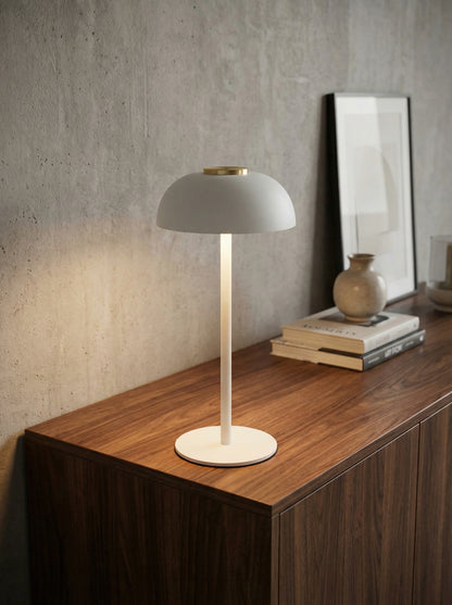 White Swan Lamp on a walnut sideboard with books, a small vase and a framed print