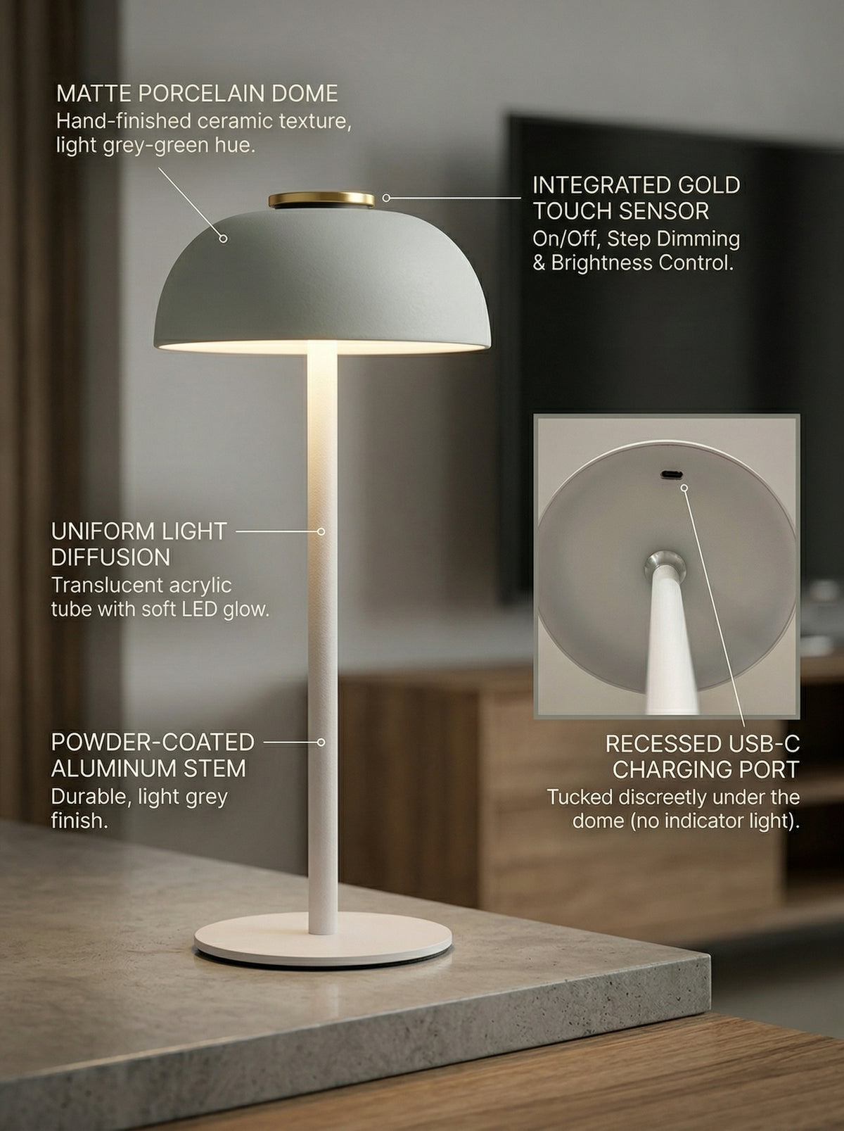 White Swan Lamp features: matte dome shade, gold touch sensor, light-diffusing stem, recessed USB-C port